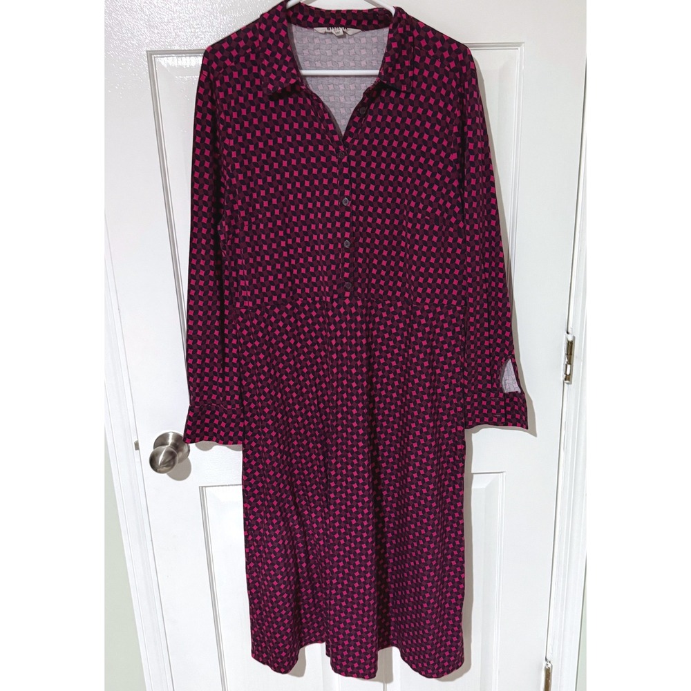 Boden Pink Navy Geometric Jersey Shirt Dress US 16-18R Midi Long Sleeve